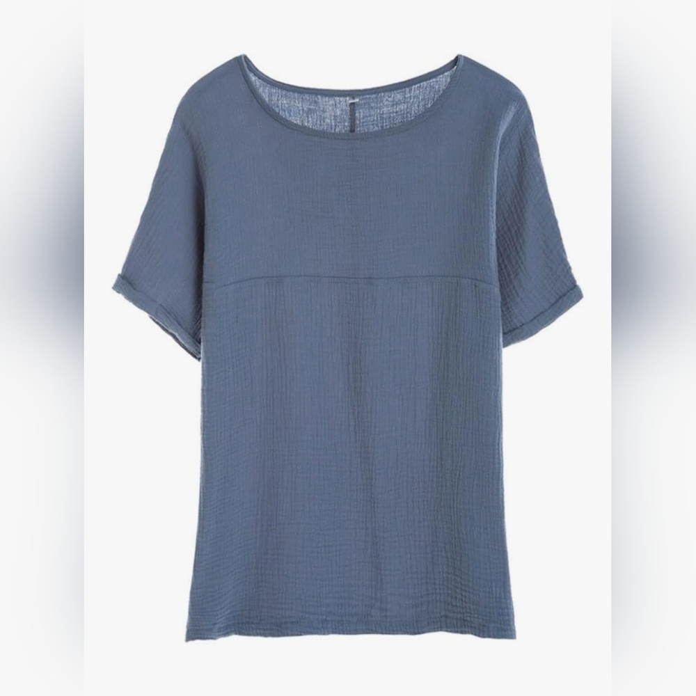 Women's Linen Blue Short Sleeve Top